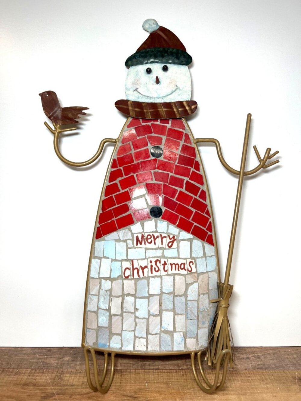 Metal Mosaic Snowman Broom & Bird Wall Decor With Hooks Christmas Themed Art